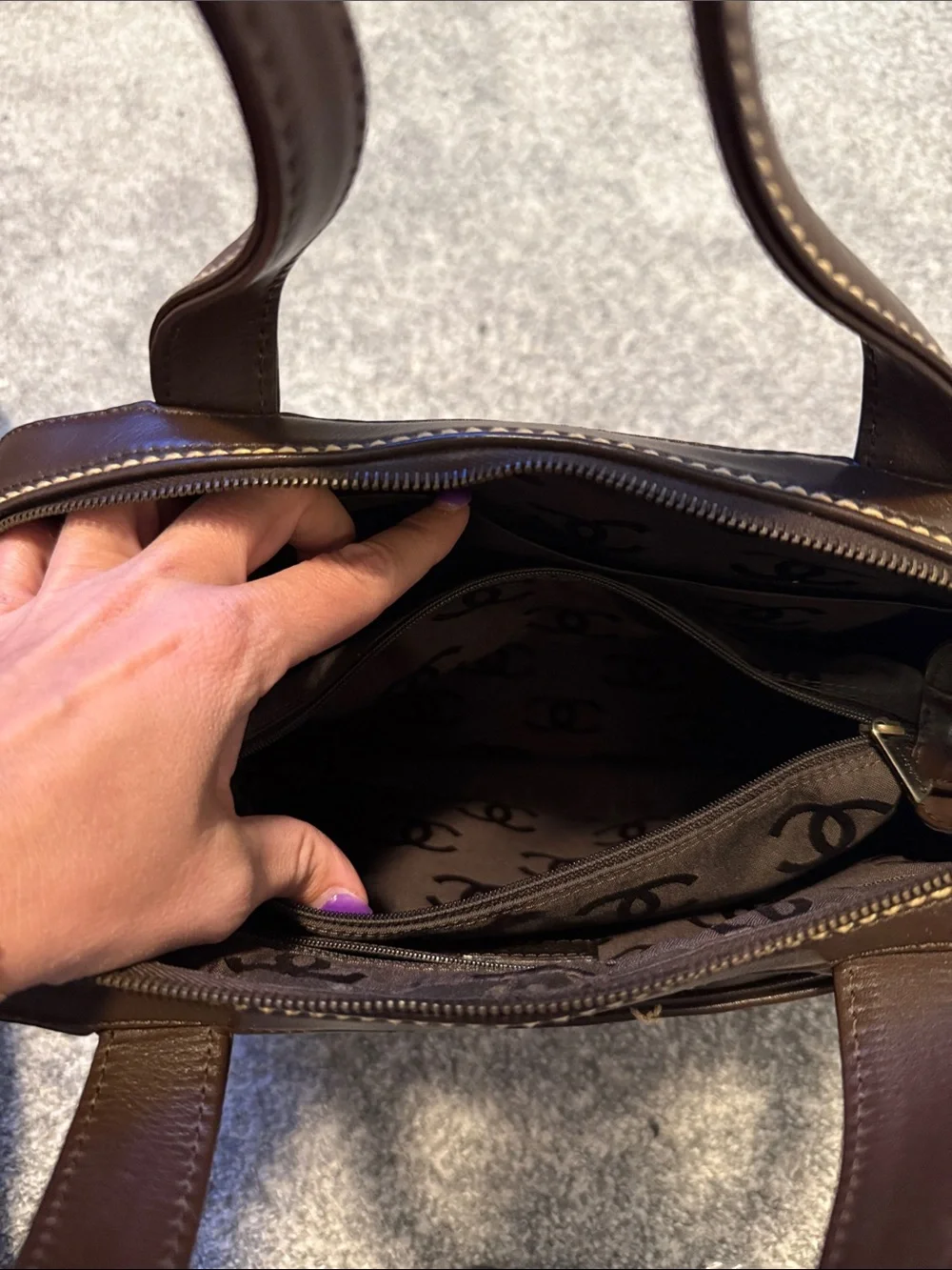 CHANEL Brown Quilted Leather Satchel with Contrast Stitching